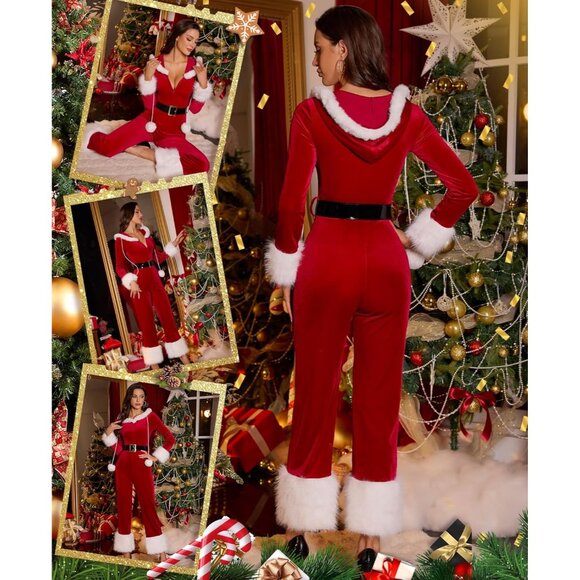 Womens Christmas Jumpsuit Velvet Santa Costume Faux Fur One Piece Holiday Outfit - Picture 4 of 5